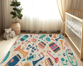 Alfombra para habitación de bebé con diseño de instrumento musical, bonita alfombra para habitación de bebé, diseño ornamentado, decoración bohemia, suave y lavable, ideal para guardería.