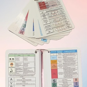 May include: A set of laminated medical reference cards with a ring binder. The cards feature different medical charts and scales, including the Glasgow Coma Scale, SBAR, and basic EKG rhythms. The cards are colour-coded and organised for easy reference.