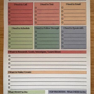 May include: A Brain Dump notepad with sections for tasks such as calls, texts, and emails. The notepad includes areas for scheduling, follow-through, and research, with a space for a start date and top priorities.