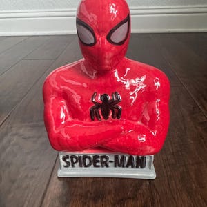Hand painted Spider-Man Ceramic Piggy Bank – Superhero Coin Bank for Kids – Unique Marvel-Inspired Gift