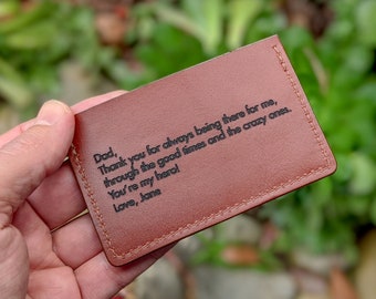 Fathers Day Gift From Daughter or Son, Personalized Leather Minimalist Wallet Business Card Holder, Custom Quote Engraved Dad Gift Birthday