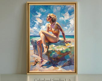 Wall art | Coastal, Seaside| Printable Art | Digital Download | Sea Print | Erotic Art, Topless Woman | Nude Art, Lesbian Art, Sapphic Art