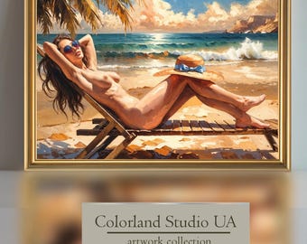 Wall art | Coastal, Seaside| Printable Art | Digital Download | Sea Print | Erotic Art, Topless Woman | Nude Woman, Lesbian Art, Sapphic Art
