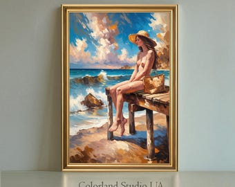 Wall art | Coastal, Seaside| Printable Art | Digital Download | Sea Print | Erotic Art, Topless Woman | Nude Art, Lesbian Art, Sapphic Art
