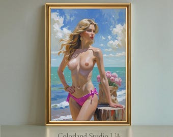 Wall art | Coastal, Seaside| Printable Art | Digital Download | Sea Print | Erotic Art, Topless Woman | Nude Art, Lesbian Art, Sapphic Art