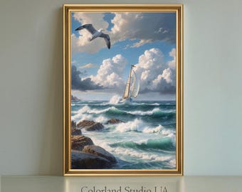Wall art | Coastal Rocks| Seaside| Printable Art | Digital Download | Ocean Sailboat, Seagull | Stormy wave| Sea Print | ColorLandStudioUA
