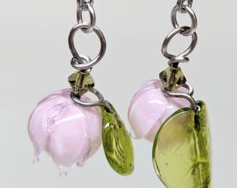 Pink Bud Lampwork Earrings - Stainless Steel Ear Loops