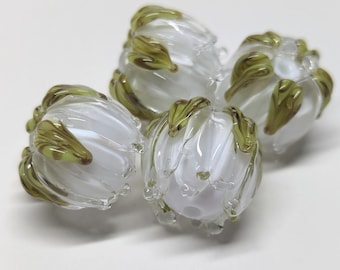 White Peony Beads  - Handmade Lampwork Beads