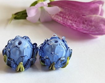 Blue Peony Beads  - Handmade Lampwork Beads