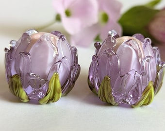 Lavender Peony Beads  - Handmade Lampwork Beads