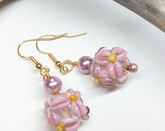 Pretty in pink - flower drop earrings. Gold plated wires