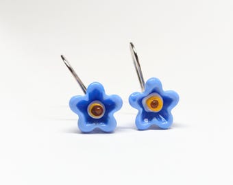 Blue Flower Earrings - Surgical Steel - Handmade Lampwork
