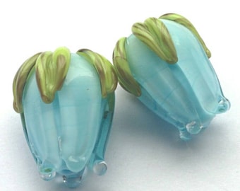 Baby Blue Rose Bud Beads - Handmade Lampwork