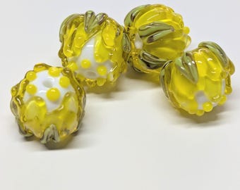 Yellow Peony Beads  - Handmade Lampwork Beads