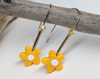 Yellow Daisy flower drop earrings. Stainless steel wires.