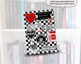 May include: A set of black and white checkered stickers with red and black accents. The stickers feature various designs, including a heart with the words "Good Girl", a bandaged heart with the words "Morally Grey", a heart with the words "Deg for it", a skull with roses, a hand with a peace sign and the words "Dark Romance Book Club", a heart with cherries, and a heart with the words "Villains do it better". The stickers are compatible with Kindle Basic, Kindle Paperwhite (2018), and Kindle Paperwhite (2024).