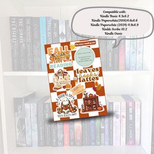 May include: A Kindle cover with a fall theme, featuring the text "Fall in Love with Reading." The design includes a checkered pattern, pumpkins, books, and the phrase "Leaves, Books, Lattes." Compatible with Kindle Basic, Paperwhite, Scribe, and Oasis.