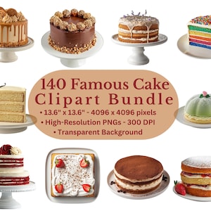140 berühmte Kuchen Clipart PNG-Bilder Bundle, transparenter Hintergrund, hochauflösende Bäckerei Illustrationen, Dessert & Gebäck Grafiken