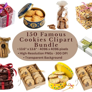 Clipartbundel koekjes, 150 png-afbeeldingen, transparante achtergrond, Gourmet Bakery-esthetiek, koekjesillustraties met hoge resolutie
