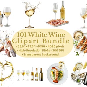 Pacchetto Clipart di Vino Bianco, 101 Immagini PNG, Sfondo Trasparente, Estetica di Cibo e Bevande, Illustrazioni di Vino ad Alta Risoluzione