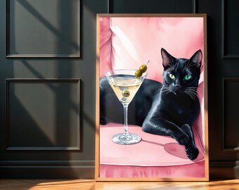 Black cat with Martini Wall Art Poster Martini Cat Print Modern Quirky Watercolor Cat Lover Art Home Decor Martini Bar Wall Prints ID103