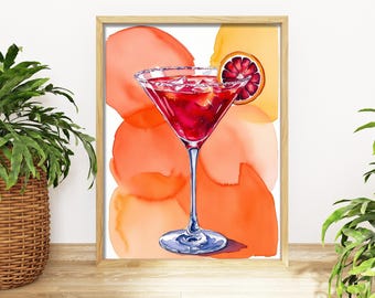 Impression colorée orange sanguine Martini Martini tendance Art aquarelle cocktail affiches acclamations impression tranche d'orange alcool affiche Bar Art ID121