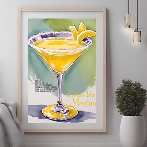 Cytrynowy kroplowy Martini Art Print Akwarela Cytrusowy Koktajl Plakat Retro Bar Cart Menu Sztuka Miksologia Dekor Alkohol Napój Cytrynowy Koktajl ID119