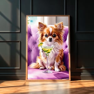 Lang haar chihuahua martini print hond kunst voor bar winkelwagen poster hondenliefhebber muur kunst paarse sofa art print martini cocktail dopamine decor ID107