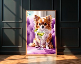 Chihuahua de pelo largo con estampado de martini, arte de perro para carrito de bar, póster para amantes de los perros, arte de pared, impresión artística de sofá morado, cóctel de martini, decoración de dopamina ID107