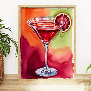 Krwawa Pomarańcza Martini Wydruki Akwarela Martini Koktajl Szkło Plakat Bar Cart Art Print Retro Koktajl Malarstwo Akwarela Wydruk ID124