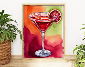 Impressions de Martini orange sanguine, affiche de verre à cocktail Martini à l'aquarelle, chariot de bar, impression d'art, peinture de cocktail rétro, impression d'aquarelle, ID124
