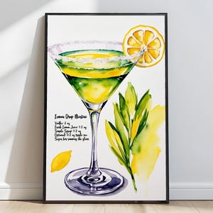 Lemon Drop Martini Poster Cocktail Art Print Bar Cart Wall Art kitchen Drink Painting Mixology Gift Cocktail Recipe Martini Lover Gift ID117