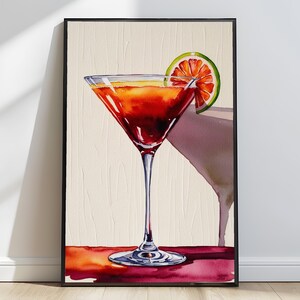 Krwawa pomarańcza Martini Wydruk Akwarela Retro Martini Wydruk Artystyczny Martini Koktajl Szkło Plakat Krwawa pomarańcza Brudny Martini Malarstwo ID122
