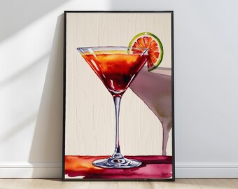 Impression Martini orange sanguine aquarelle impression Martini rétro Martini artistique verre à cocktail affiche Martini sale orange sanguine peinture ID122