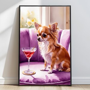 Chihuahua Martini Akwarela Plakat Pies Sztuka dla Bar Pionowa Ścienna Sztuka Uroczy Pies Malowanie Pastel Fioletowy Dekor Bar Dekor Martini Wydruk ID108