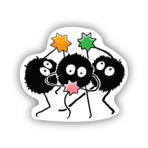 May include: Three black fuzzy creatures with large eyes and small mouths are holding colorful stars. The creatures are dancing and appear to be having fun.