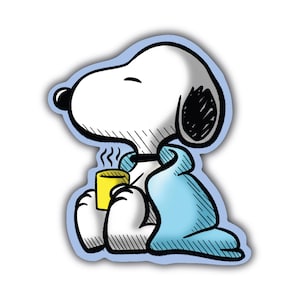 Sleepy Snoopy Sticker – Cute Snoopy Vinyl Decal – Morning Coffee Lover Sticker for Laptop, Water Bottle, Journal, Scrapbook, Car