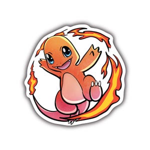 May include: A cartoon illustration of a small orange and pink Pokemon character with blue eyes, surrounded by flames. The Pokemon is smiling and has its arms outstretched.