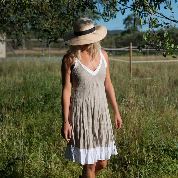 Short Linen Dress in Natural Sand with a White trim. - Bridesmaid Dress   -  Summer wedding