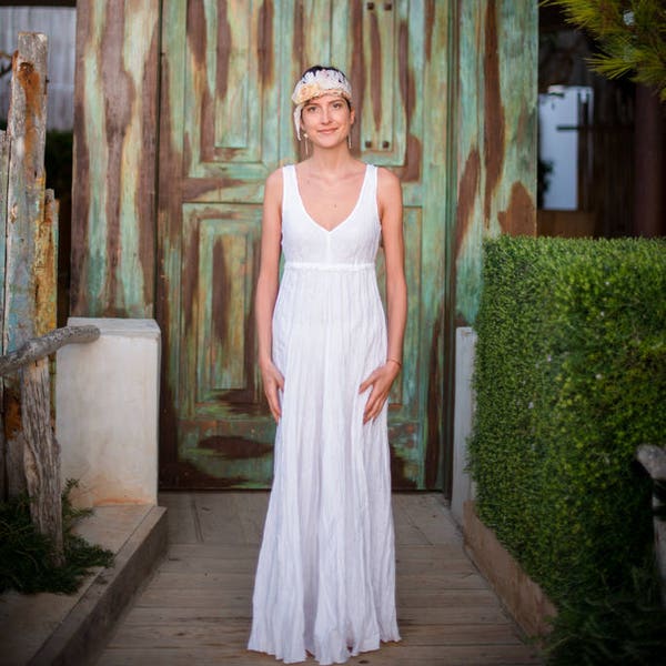 White Linen Wedding Dress -  Long Linen Dress for your Beach Wedding,   =    Empire Line Dress in Crinkled Linen -   more Colours