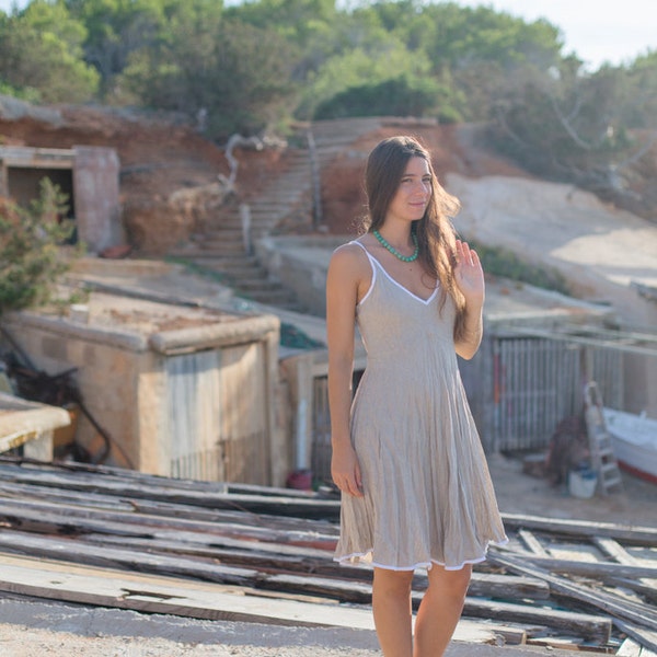 Short Natural Linen Dress / White Edging / Stone Sand / Summer Dress / Pure Linen / Crinkled Linen / Boho Beach Dress / Hand Made