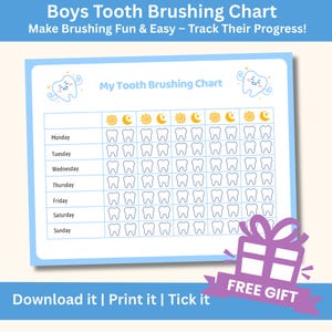 Tableau de brossage des dents pour enfants imprimable, suivi de la routine dentaire pour tout-petits, programme d'hygiène matin et soir, téléchargement numérique