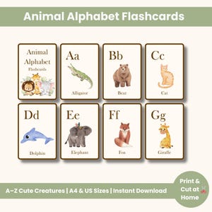 Printable ABC Flashcards for Kids – Animal Alphabet Cards A–Z | Cute Preschool Learning | A4 & US Letter Sizes | Instant Download