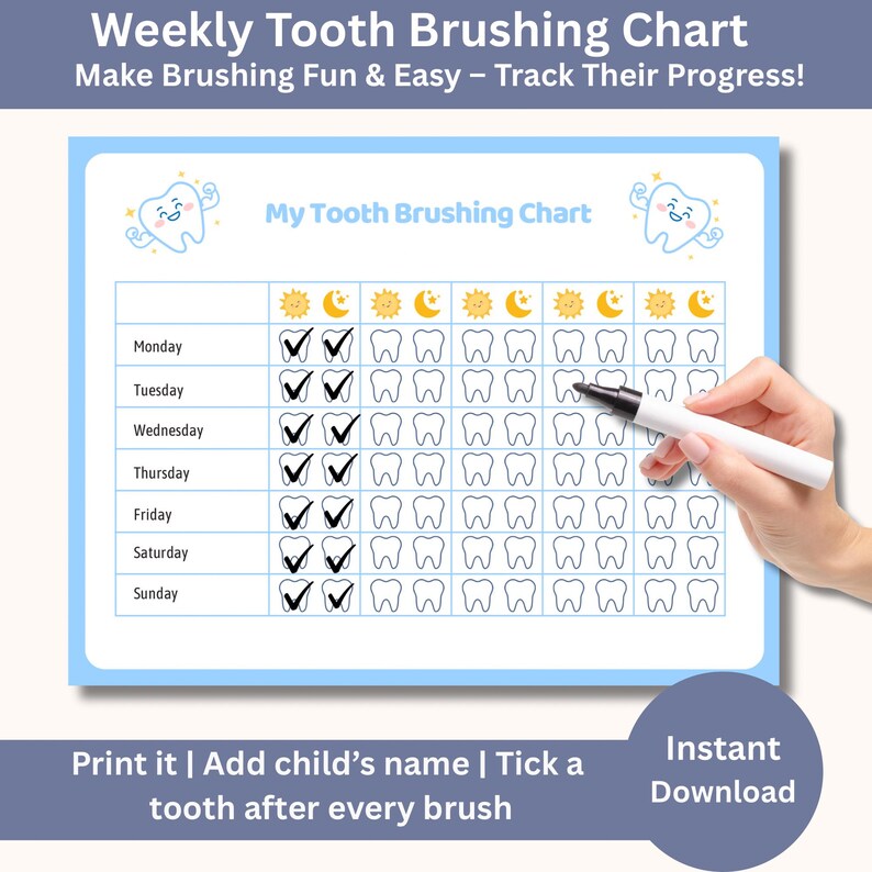 Kids Tooth Brushing Chart Printable, Toddler Dental Routine Tracker ...
