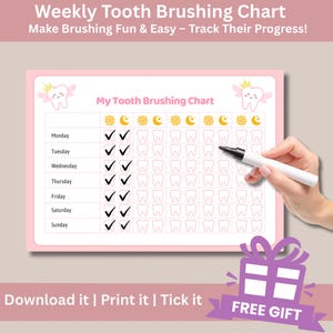 Tabla imprimible de cepillado de dientes para niños, registro de rutina dental para bebés, programa de higiene matutina y nocturna, descarga digital