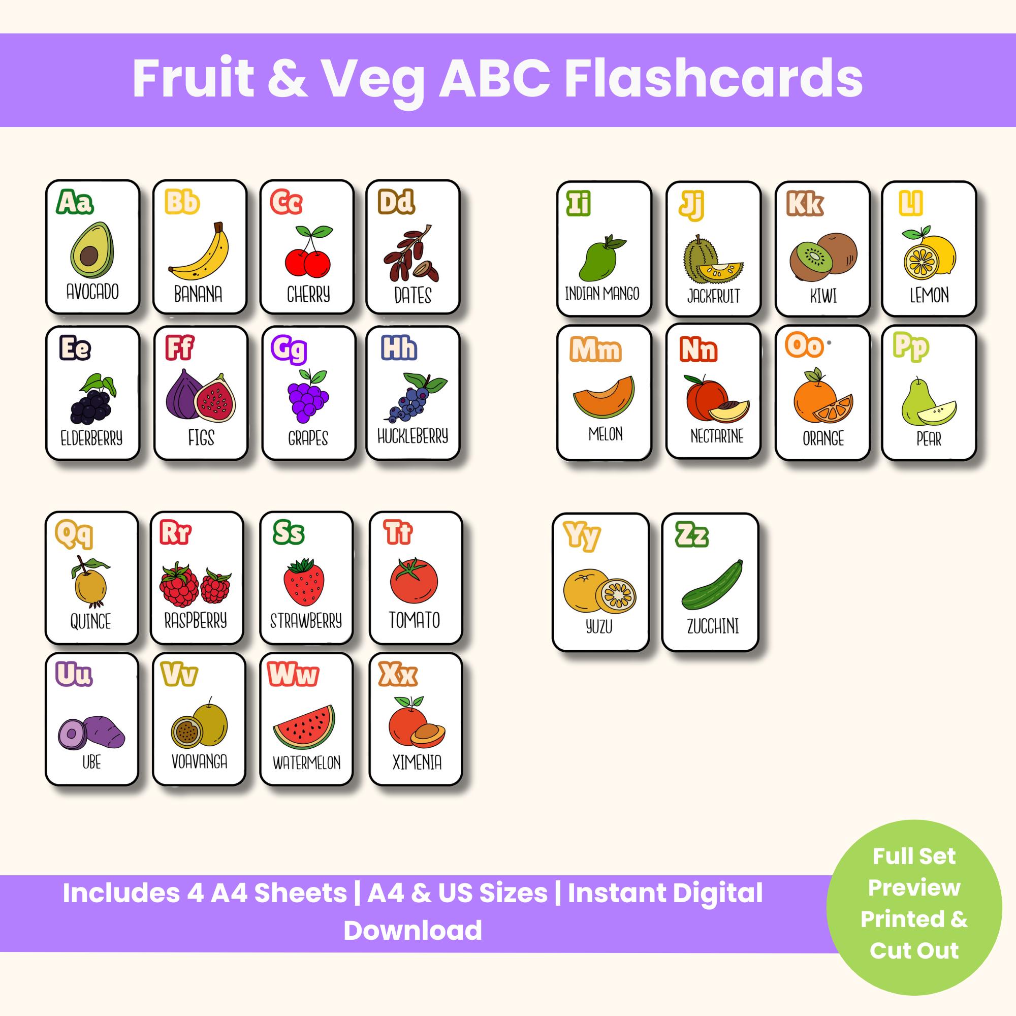 Printable ABC Flash Cards for Kids – Fruit & Veg Alphabet Cards A to Z ...