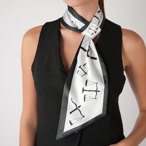 Scales of Justice Designed Silk Neck Scarf - White Silk Neck Scarf for Women - Modern Neck Tie for Lawyers - Gift for Her