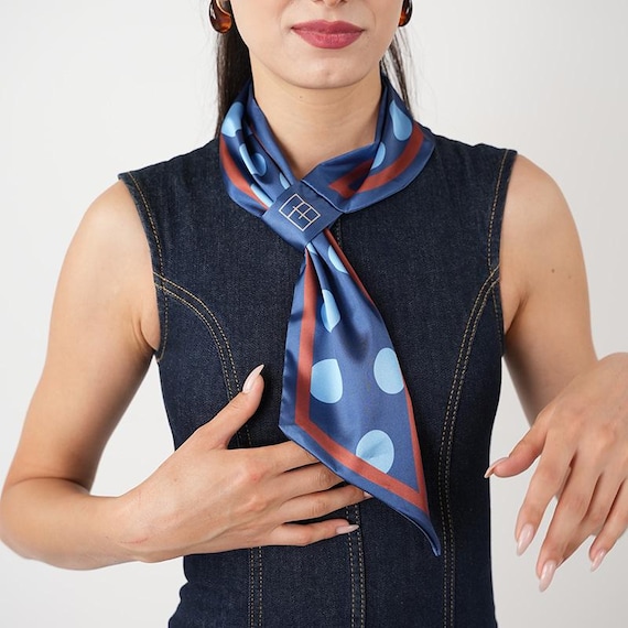 Blue dot Silky Scarf  Luxe Silk Scarf in Royal Blue with Fine Dot Design | Cheap  main image 3