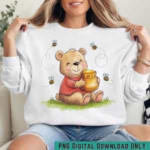 Cute Honey Bear PNG | Cartoon Bear with Honey Pot & Bees | Kids Sublimation Design Clipart