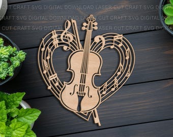 May include: A wooden heart-shaped decoration featuring a violin at the center, surrounded by musical notes. The violin is positioned vertically, with the bow extending upwards. The design is laser-cut from light-colored wood, creating a detailed and artistic piece.
